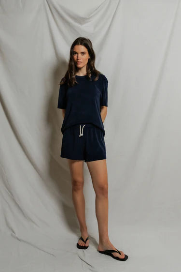 Donna Loop Terry Short Sleeve Shirt in Navy