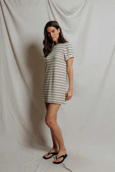 Nella Loop Terry Stripe Short Sleeve Dress in Natural/Chocolate Stripe