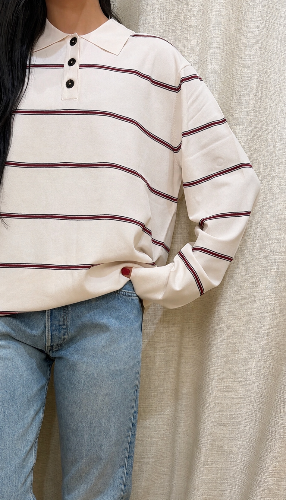 Madison Polo in Ecru/Burgundy/Black Stripe