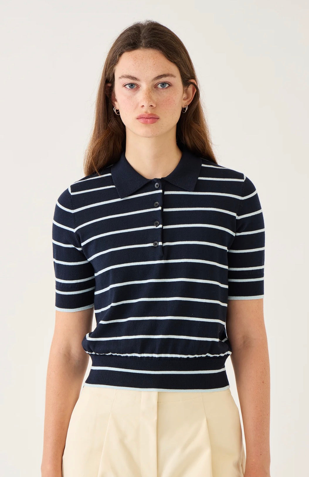 Cameron Stripe Cotton Polo Top in Navy/Glacier