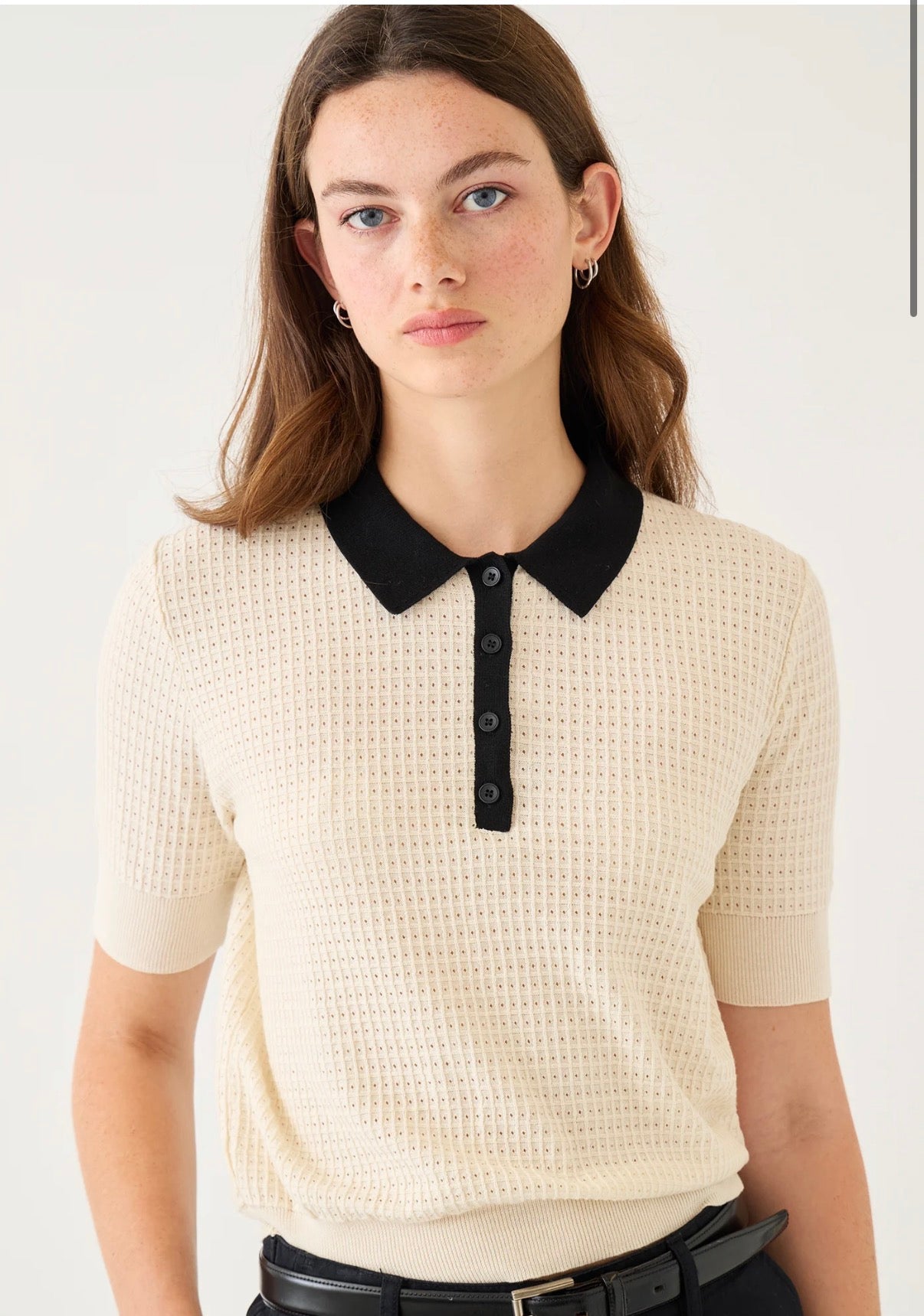 Celia Waffle Pointelle Cotton Polo Top in Ecru/Black