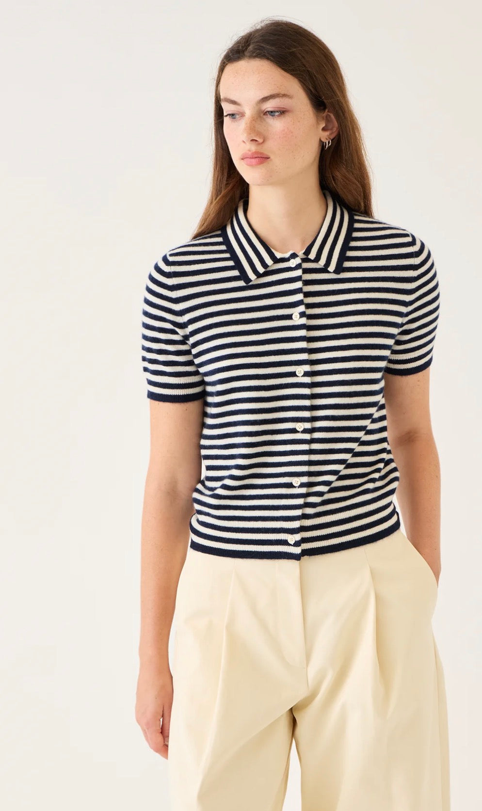 Leslie Stripe Cashmere Cardigan in Ivory/Navy