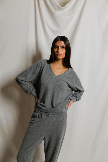 Sinead Relaxed French Terry V Neck Sweatshirt in Dark Heather Grey