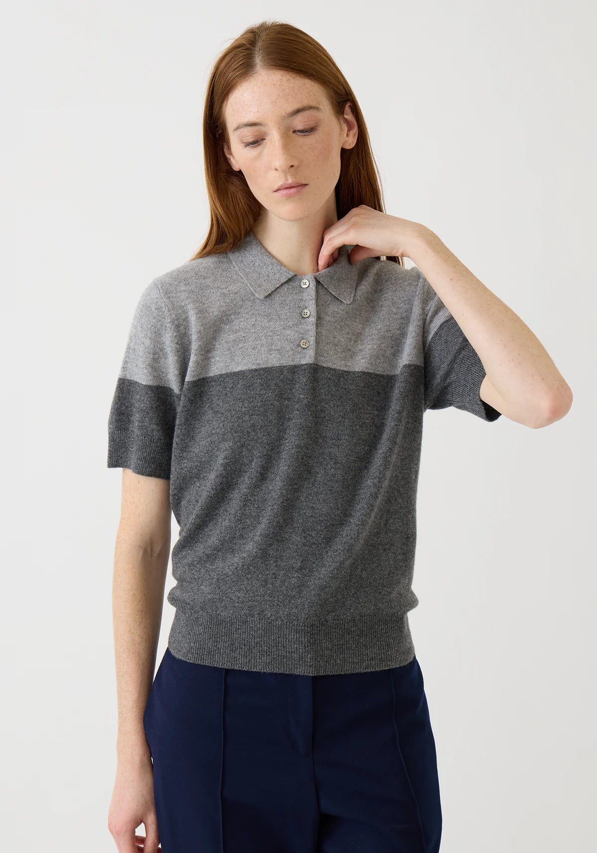 Joyce Cashmere Polo Top in Dark Heather Grey/Ash Grey