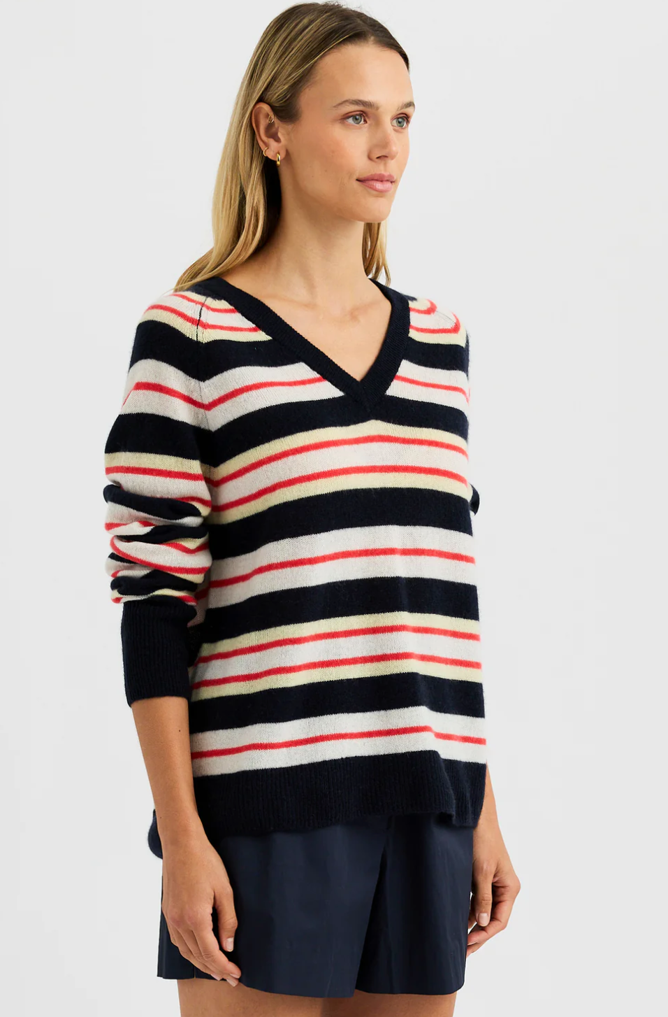 Sloane Cashmere VNeck in Citrus Stripe