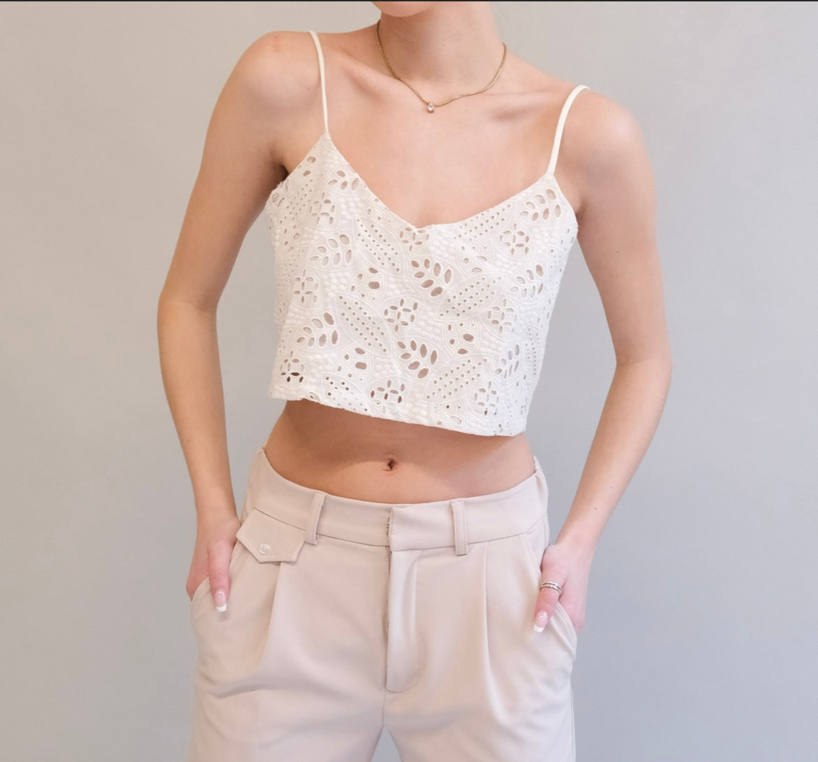 Beige Eyelet Crop Tank
