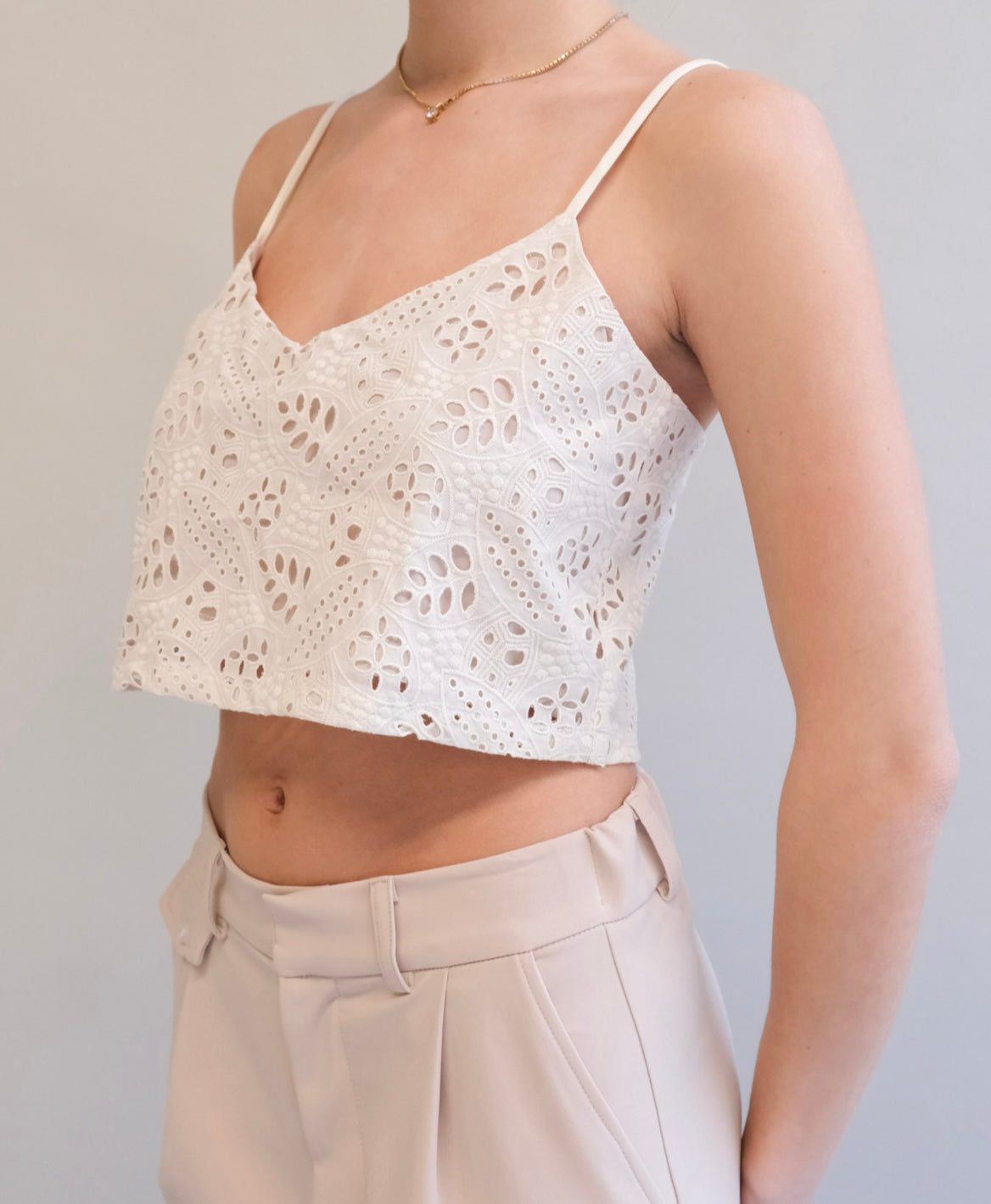 Beige Eyelet Crop Tank