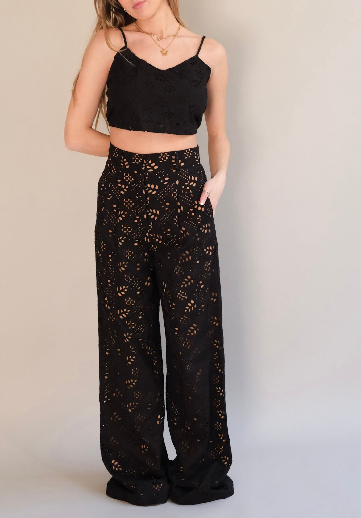 Black Talia Eyelet Pants