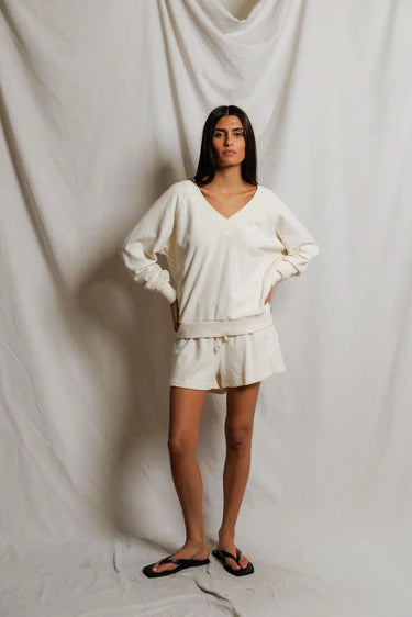Sinead Relaxed French Terry V Neck Sweatshirt in Bright Ivory