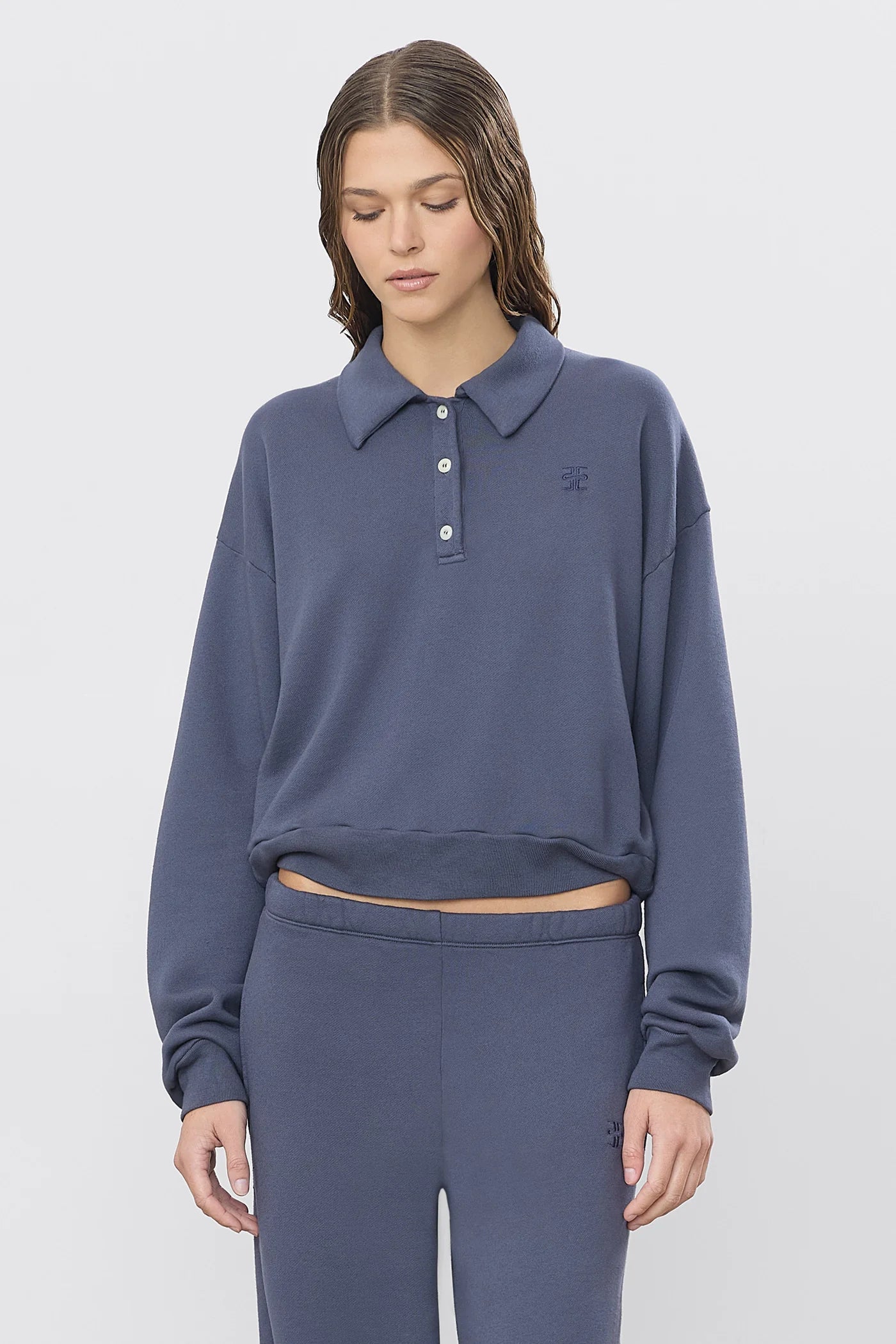Cropped Polo Sweatshirt in Washed Navy