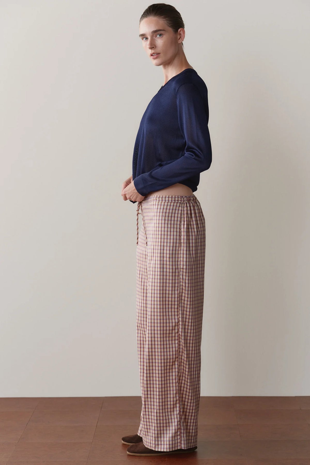 The Tencel Plaid Tie Pant in Creme/Roz Plaid