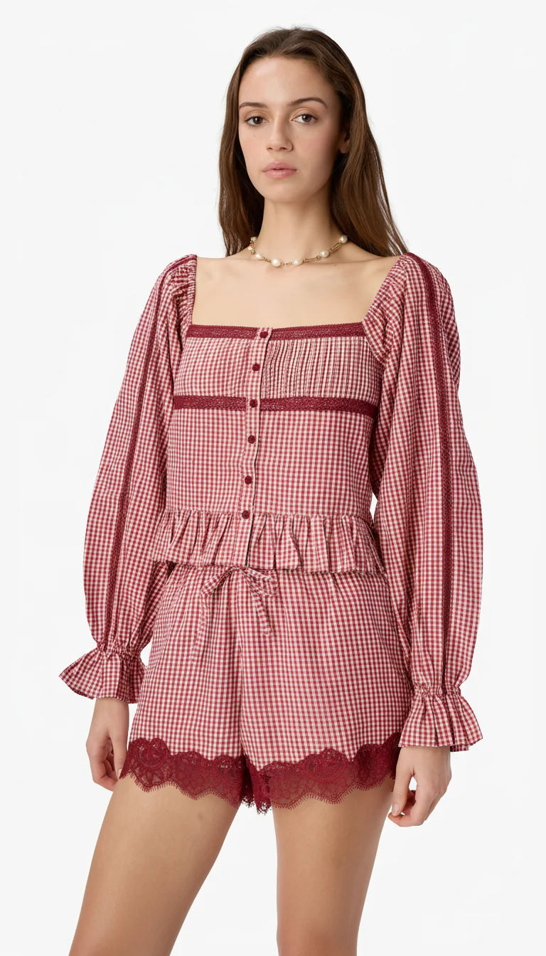Cassandra Mid Rise Silk Cotton Short in Berry Gingham
