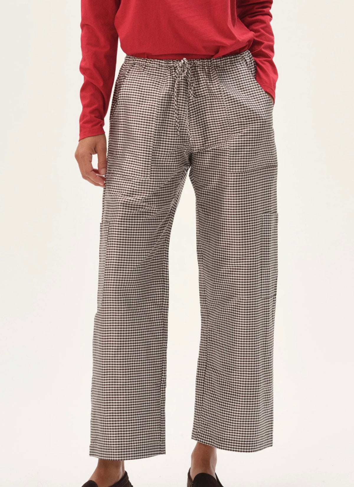 The Tafetta Gingham Drawstring Cargo Pant in Espresso