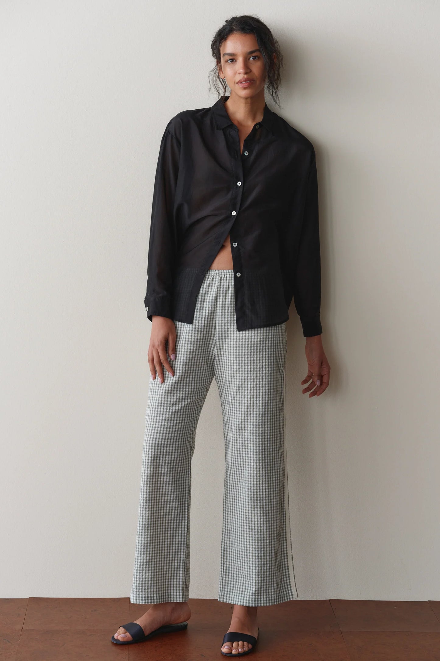 The Cotton Gingham Stripe Crop Pant in Dill