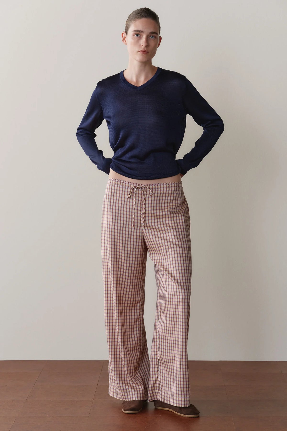 The Tencel Plaid Tie Pant in Creme/Roz Plaid