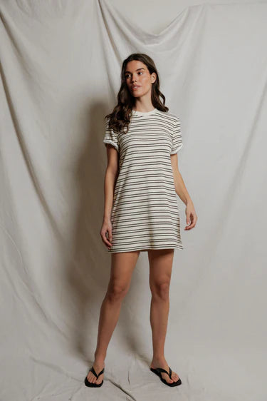 Nella Loop Terry Stripe Short Sleeve Dress in Natural/Chocolate Stripe