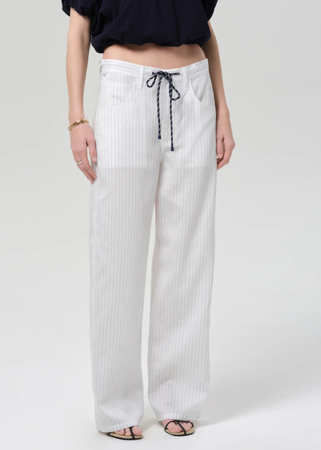 Brynn Drawstring Trousers in Black Pinstripe
