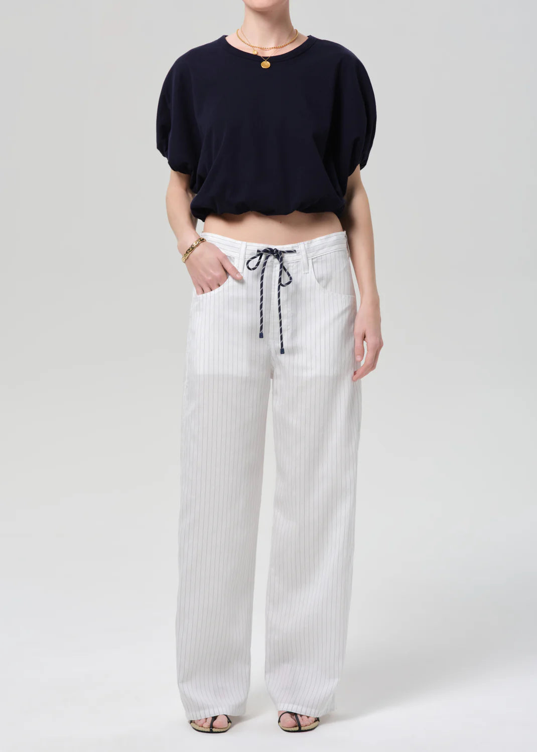 Brynn Drawstring Trousers in Black Pinstripe
