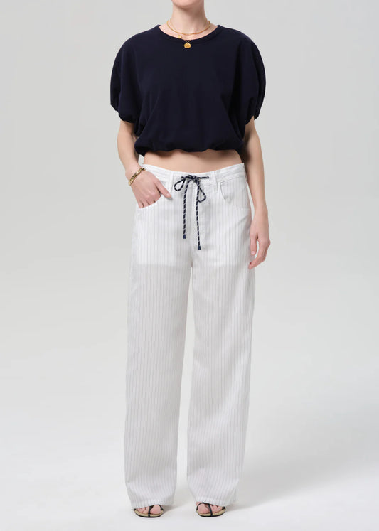 Brynn Drawstring Trousers in Black Pinstripe