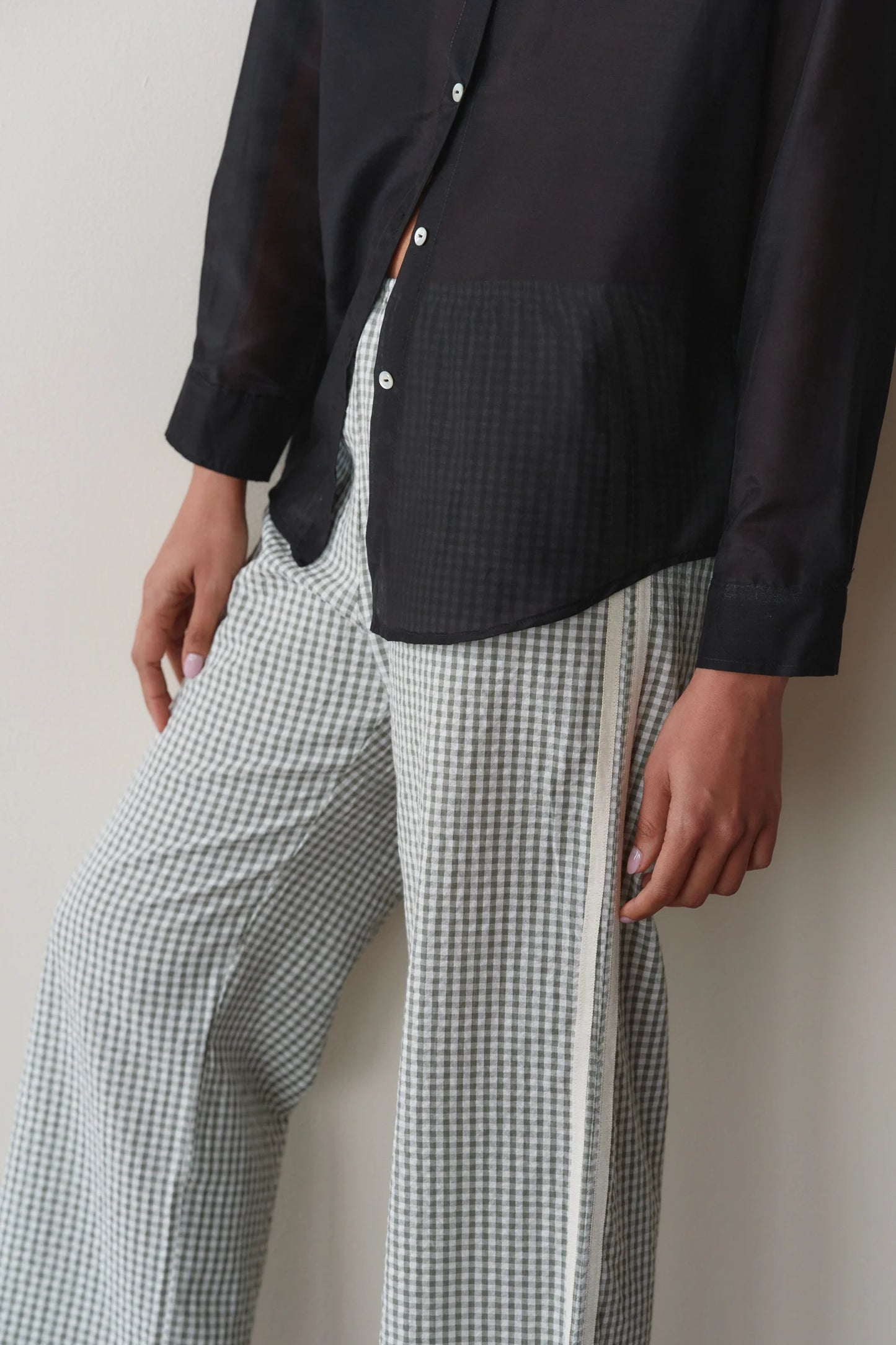 The Cotton Gingham Stripe Crop Pant in Dill
