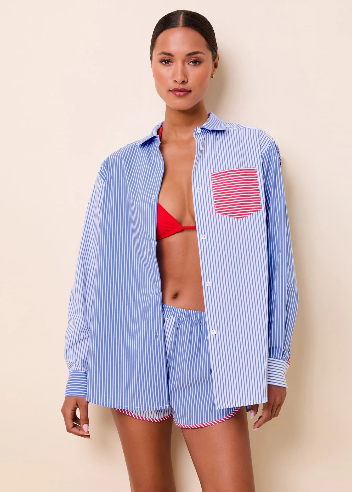 The Avril Button Down in Colorblock Marina Blue Stripe
