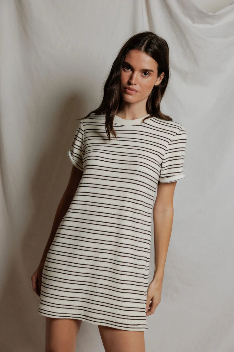 Nella Loop Terry Stripe Short Sleeve Dress in Natural/Chocolate Stripe