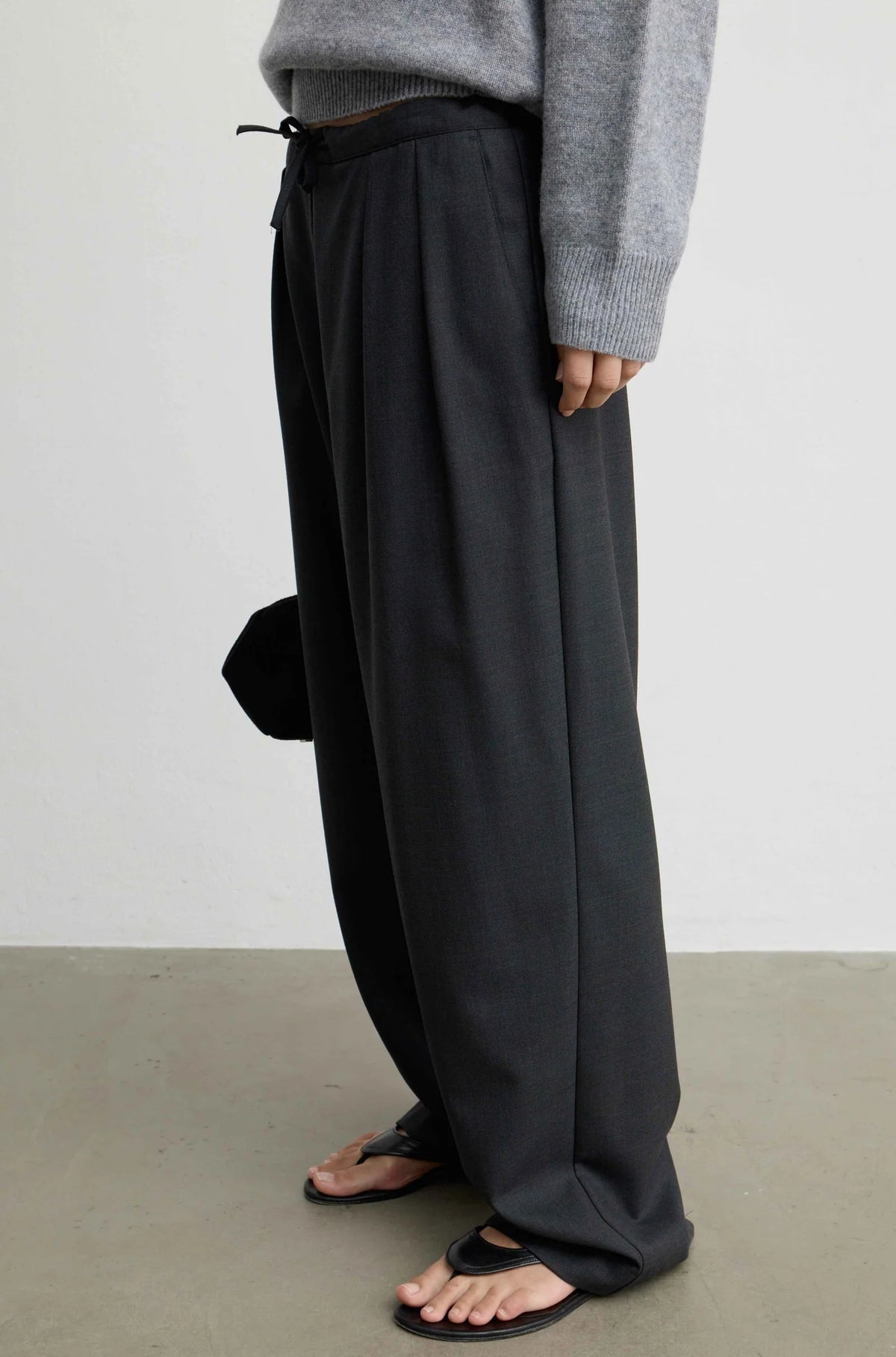 Waist Tie Wool Trousers in Charcoal