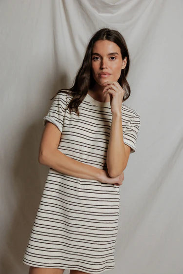 Nella Loop Terry Stripe Short Sleeve Dress in Natural/Chocolate Stripe