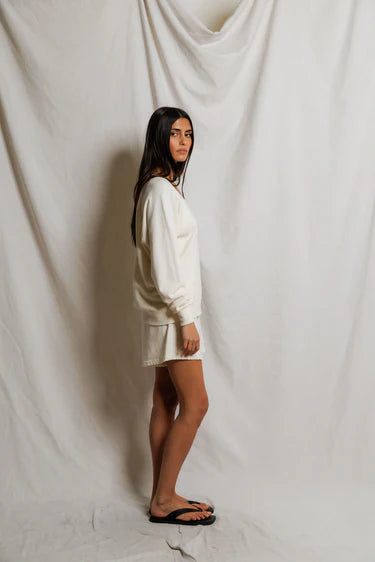 Sinead Relaxed French Terry V Neck Sweatshirt in Bright Ivory