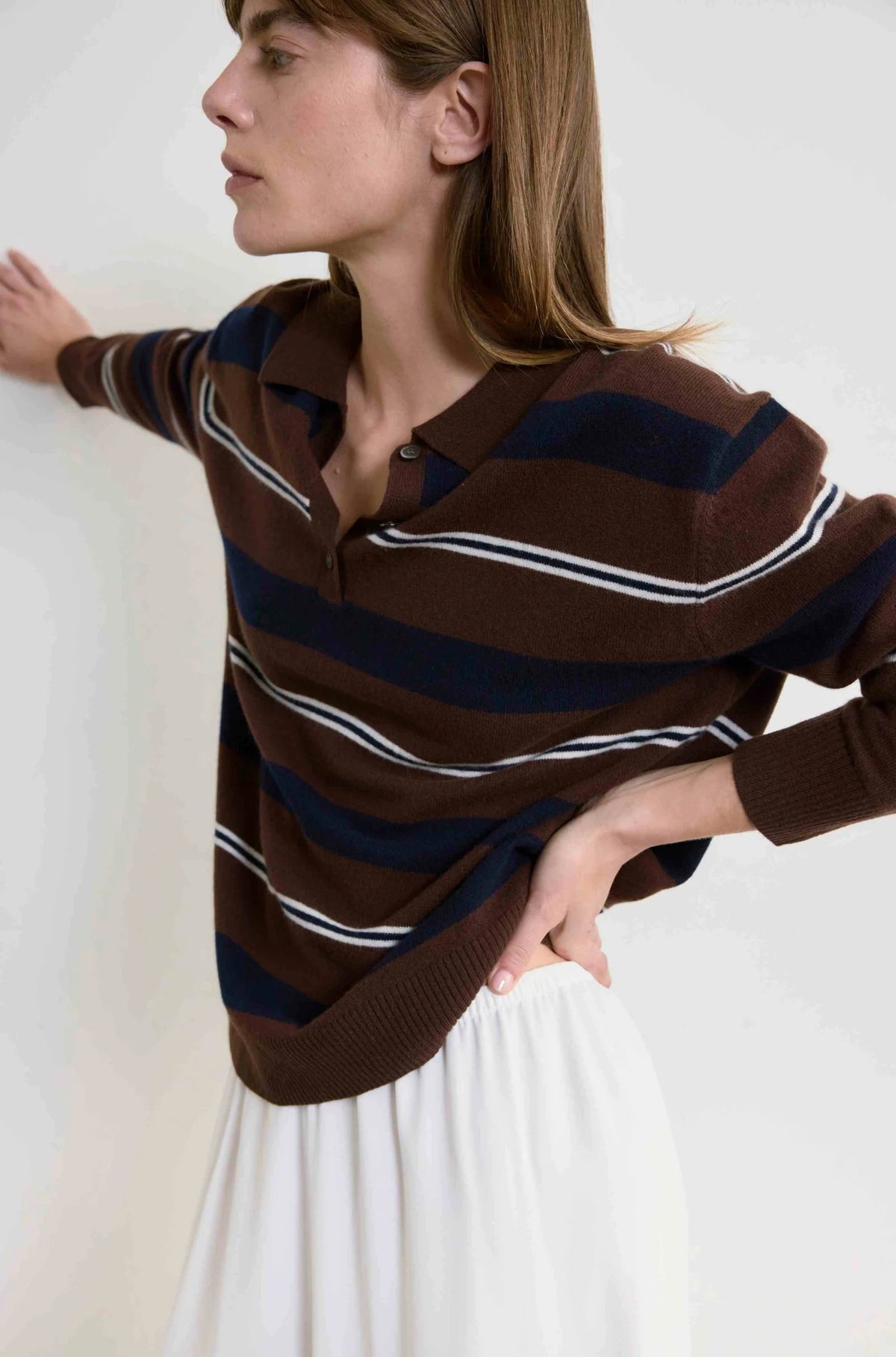 Lightweight Wool Polo in Brown Stripes