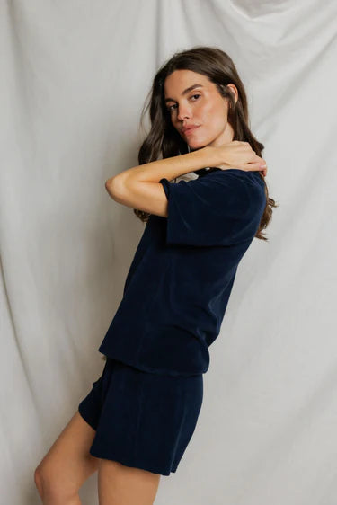 Donna Loop Terry Short Sleeve Shirt in Navy
