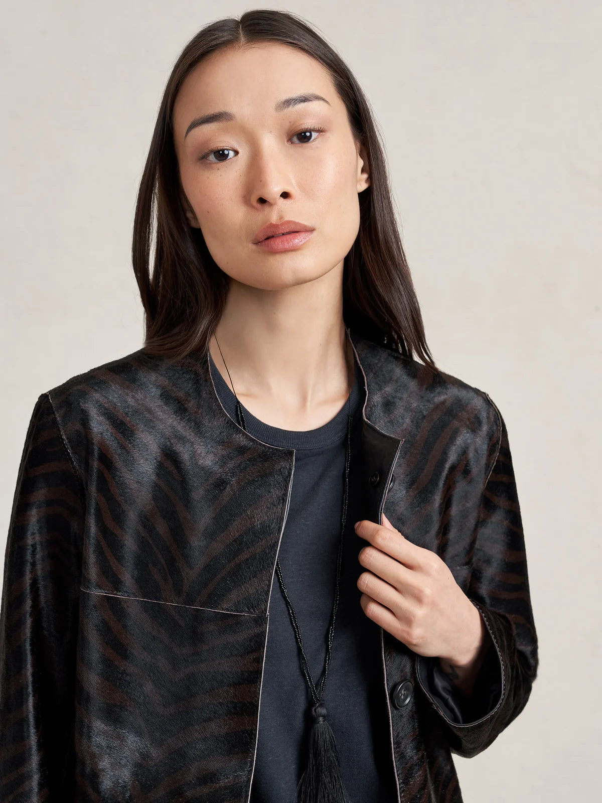 Cropped Perry Coat in Black/Chocolate Tiger