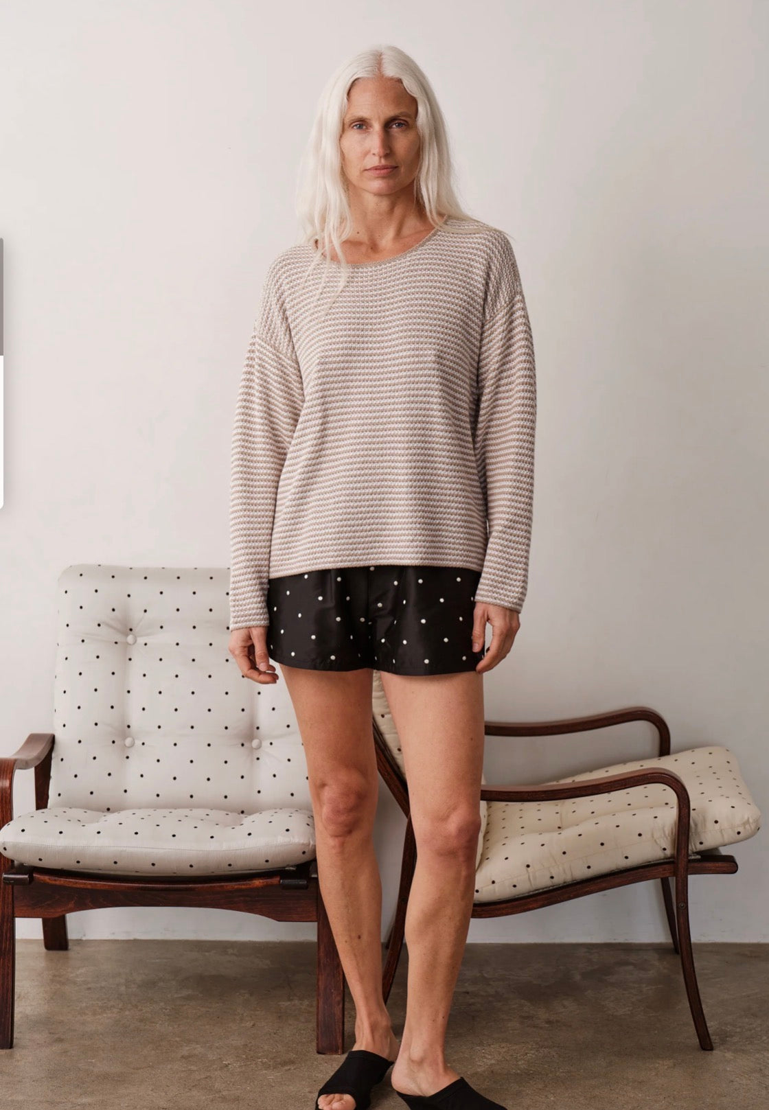 The Knit Stripe Sweater in Shitake/Powder