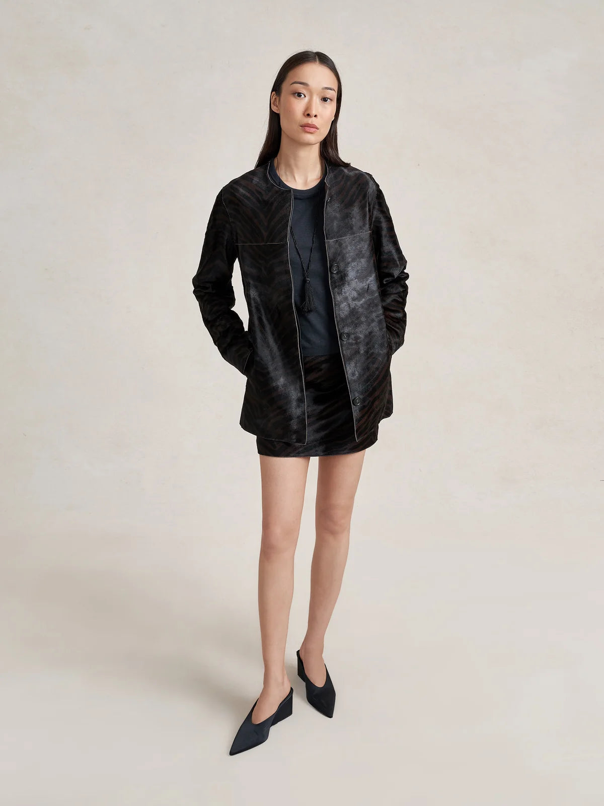 Cropped Perry Coat in Black/Chocolate Tiger