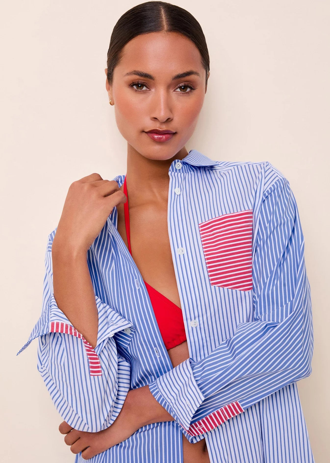 The Avril Button Down in Colorblock Marina Blue Stripe