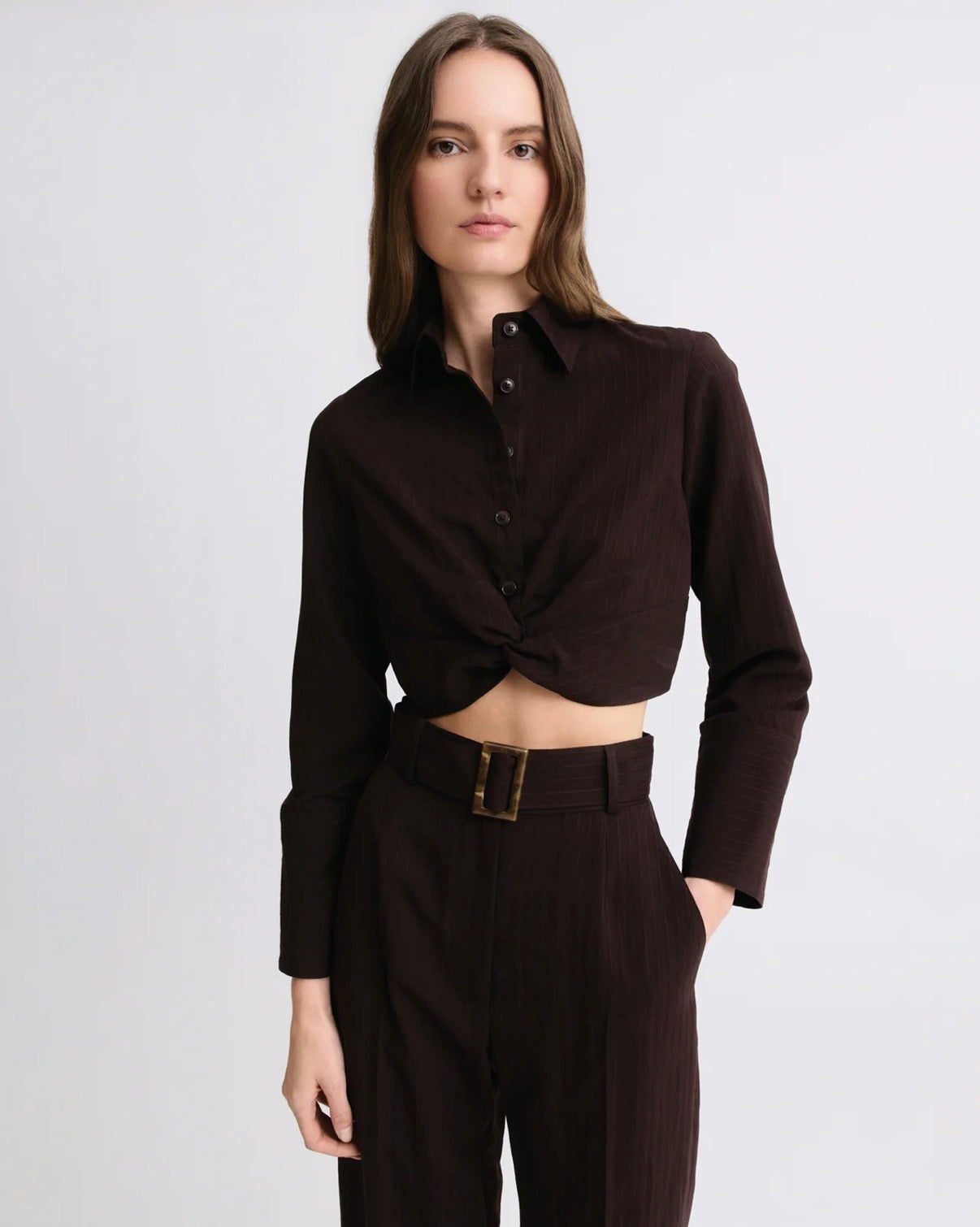 Twist Button Up in Chocolate Brown Stripe Viscose