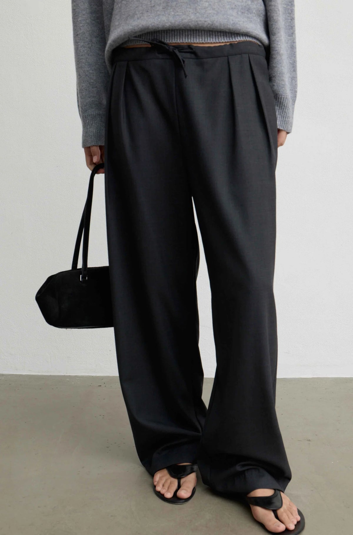 Waist Tie Wool Trousers in Charcoal