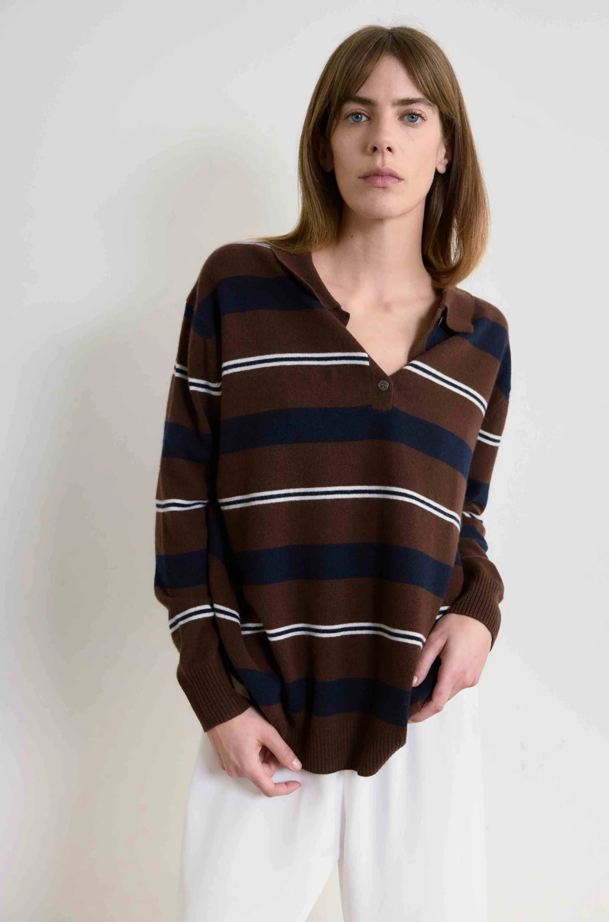 Lightweight Wool Polo in Brown Stripes