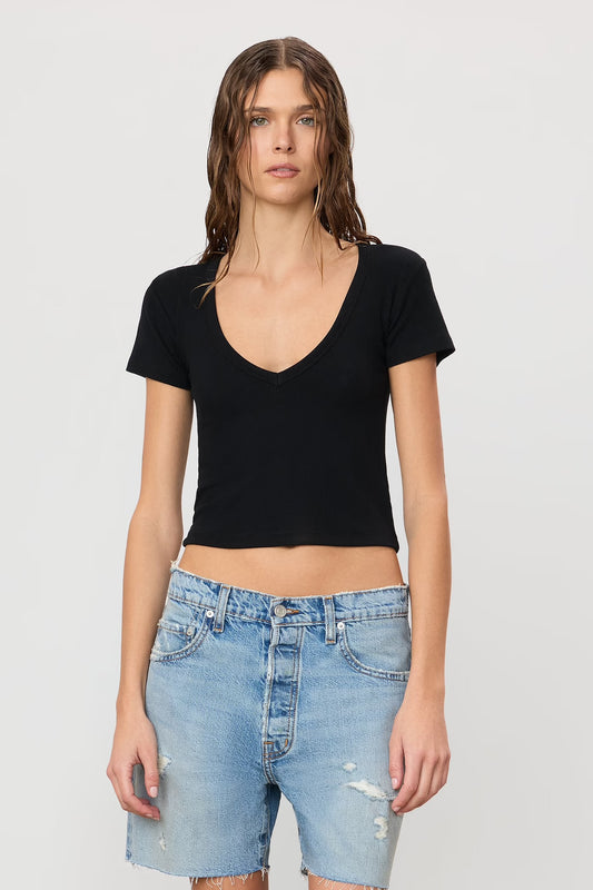 Short Sleeve V-Neck Baby Tee in Black