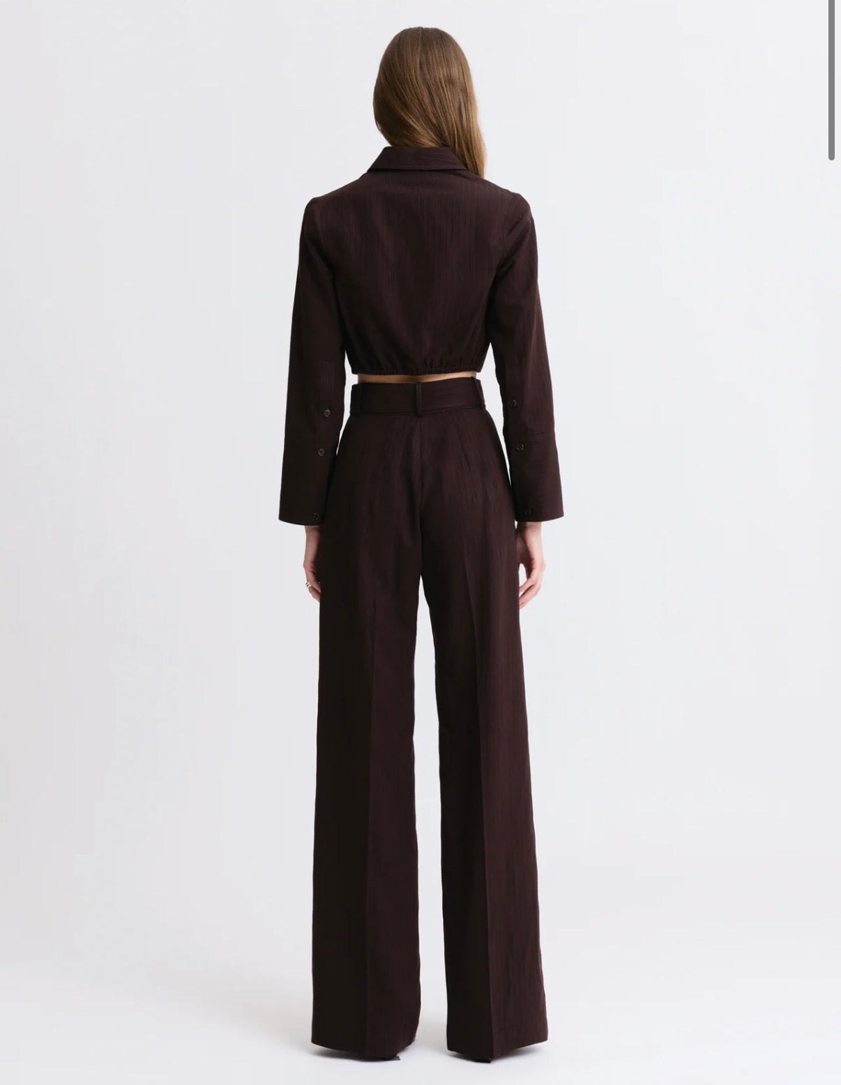 Belted Wide Leg Trouser in Chocolate Brown Stripe Viscose