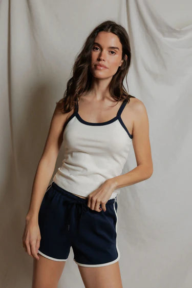 Cherry Cotton Ringer Tank in Bright Ivory & Navy