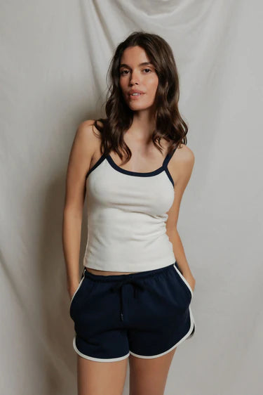 Cherry Cotton Ringer Tank in Bright Ivory & Navy