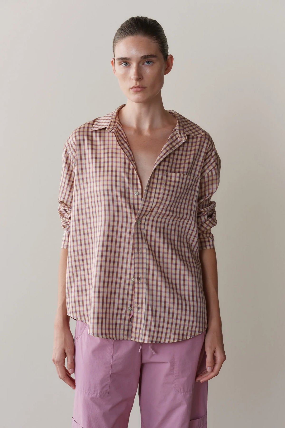 The Tencel Plaid Shirt in Creme/Roz Plaid