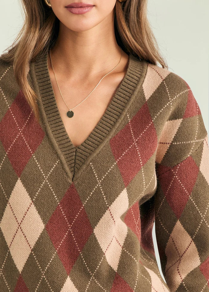 Savvy Sweater Dress in Olivewood Argyle