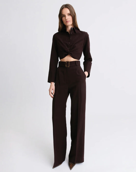 Belted Wide Leg Trouser in Chocolate Brown Stripe Viscose