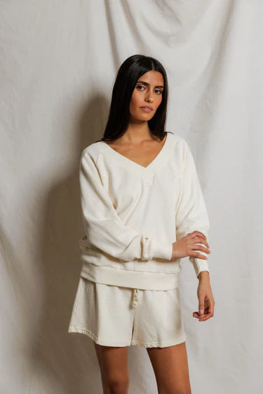 Sinead Relaxed French Terry V Neck Sweatshirt in Bright Ivory