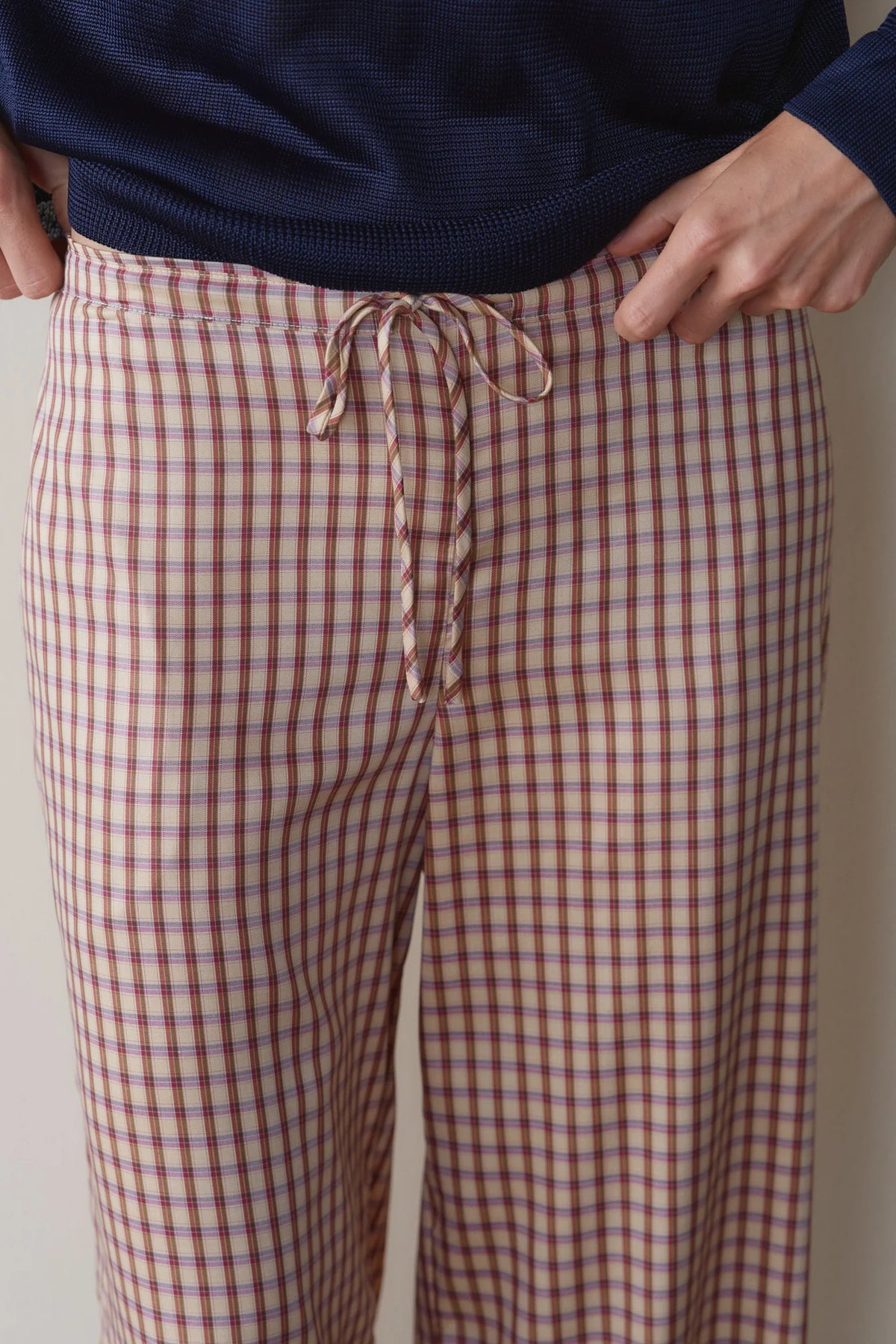 The Tencel Plaid Tie Pant in Creme/Roz Plaid