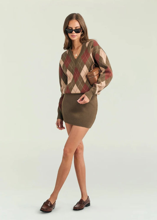 Savvy Sweater Dress in Olivewood Argyle