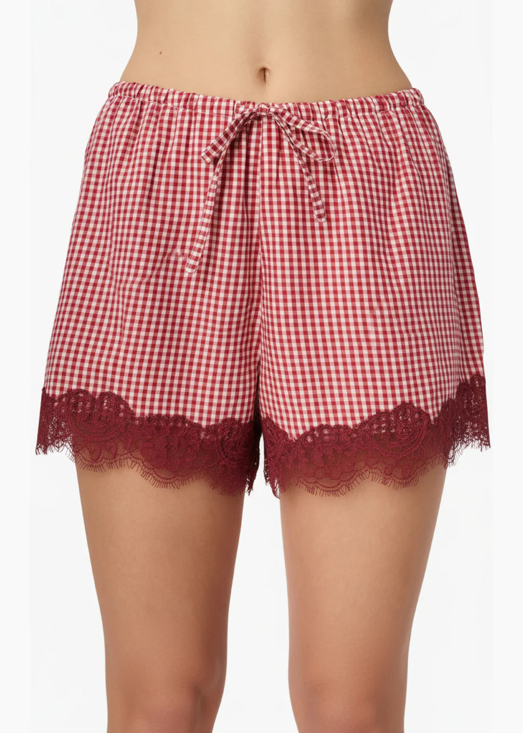 Cassandra Mid Rise Silk Cotton Short in Berry Gingham
