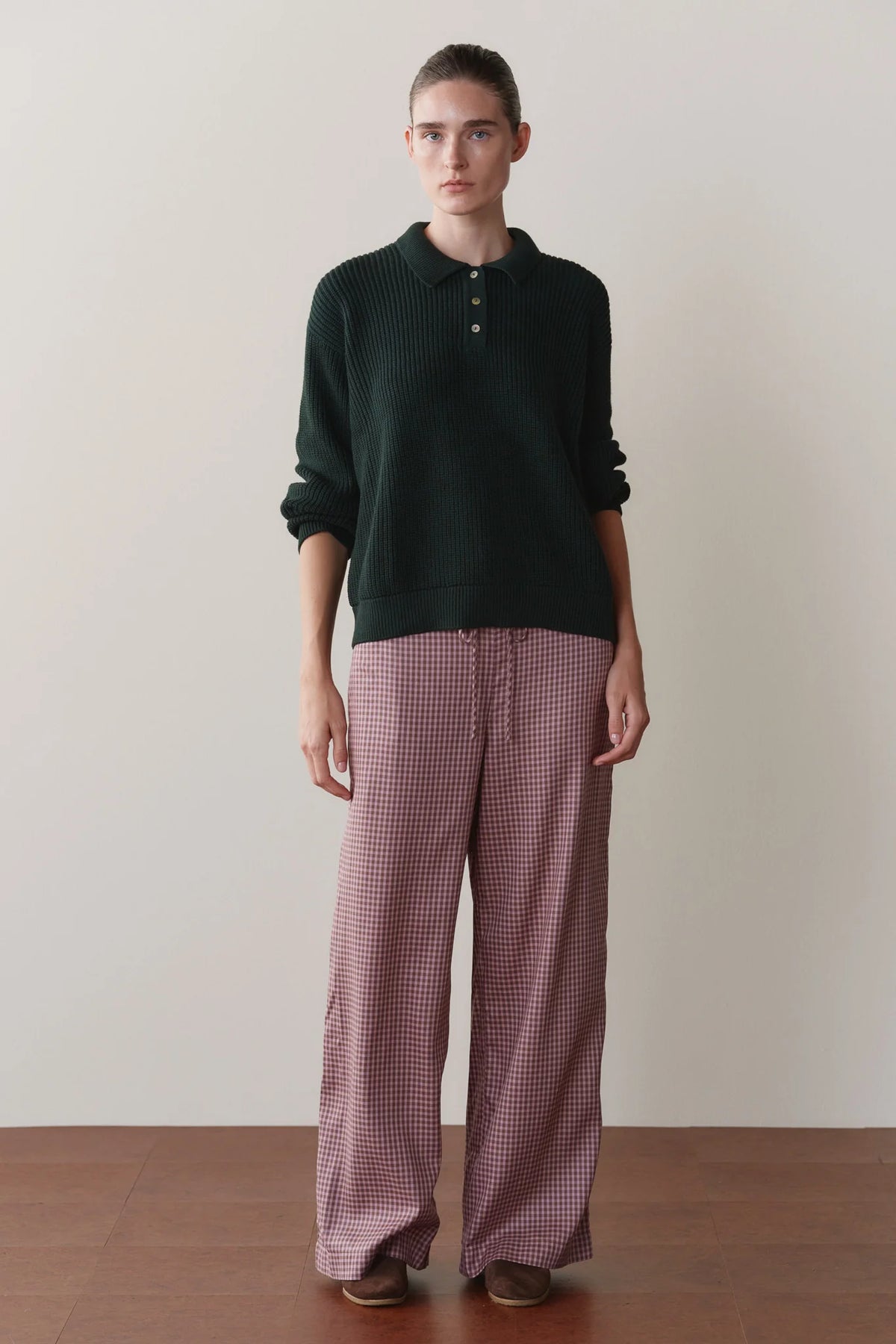 The Tencel Plaid Tie Pant in Roz/Espresso Plaid